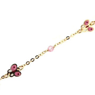 18KT Yellow Gold Pink Enamel Butterfly with Pink Stones Bracelet 5.5 inches Amalia Jewelry