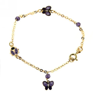 18K Solid Yellow Gold Lilac Enamel Butterfly and Lady Bug Bracelet , Amalia Jewelry