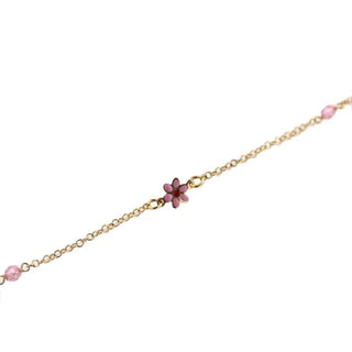18KT Yellow Gold Pink Enamel Flower with Pink Stones Bracelet 6 inches , Amalia Jewelry