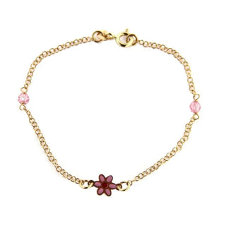 18KT Yellow Gold Pink Enamel Flower with Pink Stones Bracelet 6 inches , Amalia Jewelry