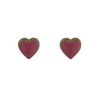 18K Solid Yellow Gold Pink Enamel Heart Post Earring , Amalia Jewelry