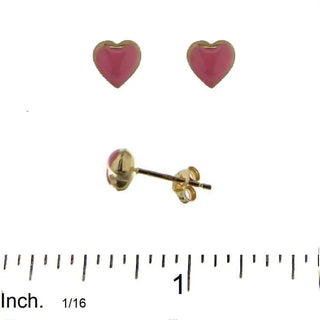 18K Solid Yellow Gold Pink Enamel Heart Post Earring , Amalia Jewelry
