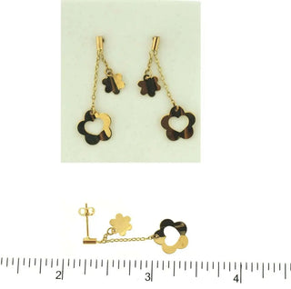 18KT Yellow Gold Polished Flower and Open Flower/Heart Dangle Post Earrings L- 1.25 inch Amalia Jewelry