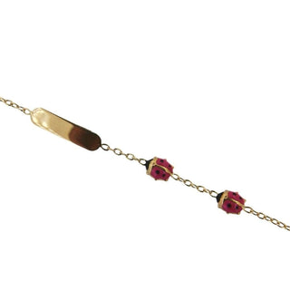 18k Solid Yellow Gold Two Fuchsia Enamel Lady Bug ID Bracelet 5.5 inches with extra ring at 4.80 inch , Amalia Jewelry