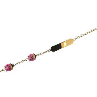 18k Solid Yellow Gold Two Pink Enamel Lady Bug ID Bracelet 5.5 inches with extra ring at 4.80 inch , Amalia Jewelry