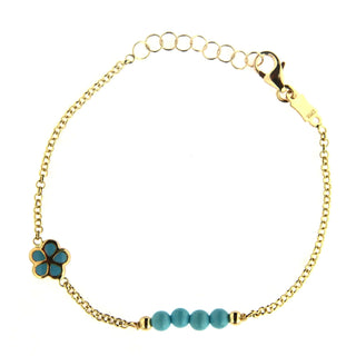 18K Solid Yellow Gold Blue Enamel Flower and Turquoise Beads Bracelet Amalia Jewelry