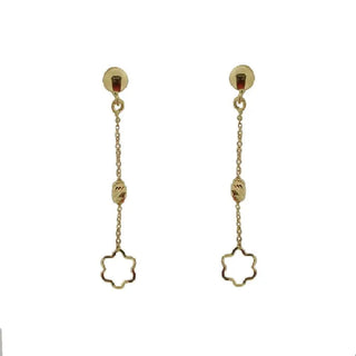 18KT Yellow Gold Polished Open Flower with Bead Center Dangle Earrings L- 1.5 inch , Amalia Jewelry