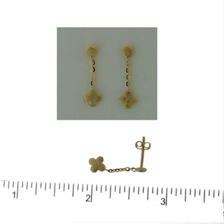 18KT Yellow Gold Satin Clover Dangle Earrings 3/4 inch , Amalia Jewelry