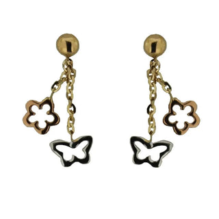 18KT Yellow Gold Red Flower and White Butterfly Dangle Earrings 0.85 inch , Amalia Jewelry