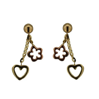 18KT Yellow Gold Red Flower and Yellow Heart Dangle Earrings 0.75 inch , Amalia Jewelry