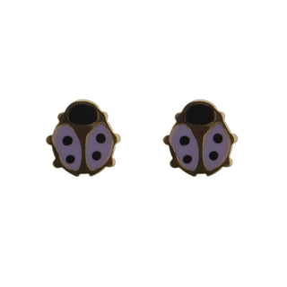 18KT Yellow Gold Lilac Enamel Lady Bug Post Earring 7mm , Amalia Jewelry