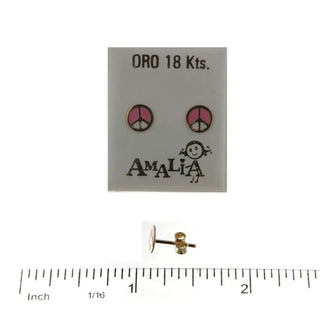 18KT Yellow Gold Pink Enamel Peace Sign Post Earring 6.5mm , Amalia Jewelry