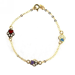 18KT Yellow Gold Pink Blue and Lilac Enamel Paw Bracelet 5 3/4 inches , Amalia Jewelry