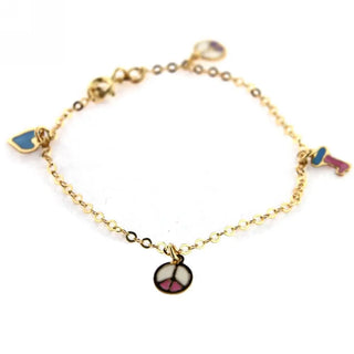 18KT Yellow Gold Pink and Lilac Enamel Peace blue Enamel Heart Bracelet 6 inches , Amalia Jewelry