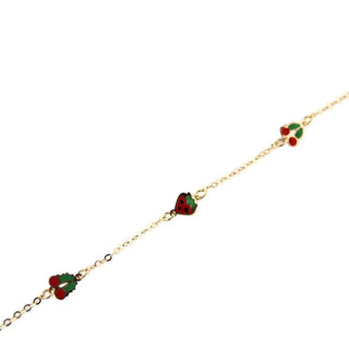 18KT Yellow Gold Red Enamel 2 Cherry 1 strawberry Bracelet 5 3/4 nches , Amalia Jewelry