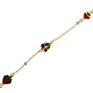 18KT Yellow Gold Red Enamel 1 Cherry and 2 strawberry Bracelet 6 nches , Amalia Jewelry