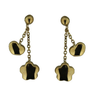 18K Yellow Gold polished Flower and Heart Dangle Post Earrings 0.85 inch , Amalia Jewelry