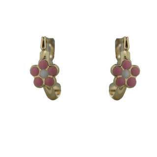 18k Solid Yellow Gold Pink and White Center Flower Hoop Earrings , Amalia Jewelry