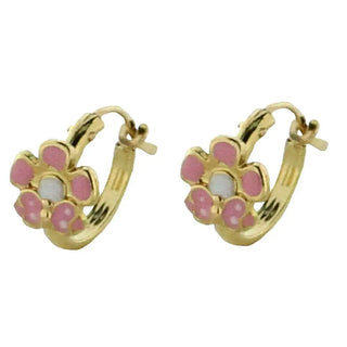18K Solid Yellow Gold Pink and White Flower with a pink and white dots enamel butterfly hoop earrings , Amalia Jewelry