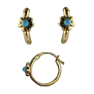 18K Solid Yellow Gold Turquoise Bead center Flower Hoop Earrings Amalia Jewelry