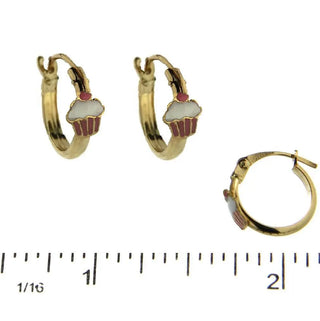 18k Solid Yellow Gold Pink White Enamel Cupcake Hoop Earrings , Amalia Jewelry