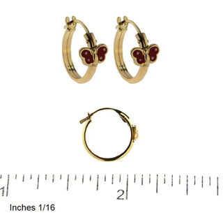 18k Solid Yellow Gold Red and White dots Enamel Butterfly Hoop Earrings , Amalia Jewelry