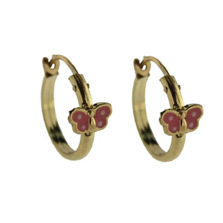 18k Solid Yellow Gold Pink with White dots Enamel Butterfly hoop earrings Amalia Jewelry