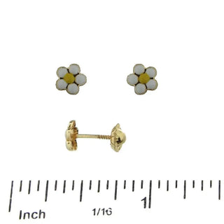 18K Solid Yellow Gold Enamel White and Centered Yellow Flower Covered Screwback Earrings , Amalia Jewelry