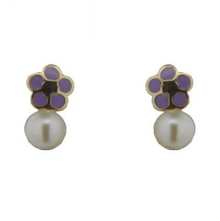 18k solid yellow gold lilac enamel and pearl flower covered screwback earrings , Amalia Jewelry
