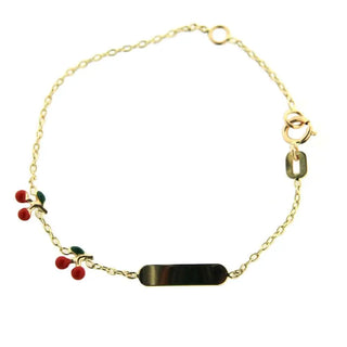 18K Solid Yellow Gold Enamel Red Cherry Id bracelet , Amalia Jewelry