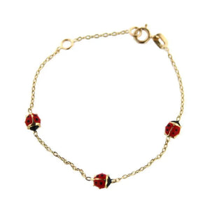 18K Solid Yellow Gold Red Enamel Lady Bug enamel Baby Bracelet , Amalia Jewelry
