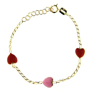 18K Solid Yellow Gold Red and Pink Heart Girl Bracelet , Amalia Jewelry