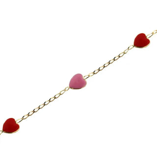 18K Solid Yellow Gold Red and Pink Heart Girl Bracelet , Amalia Jewelry