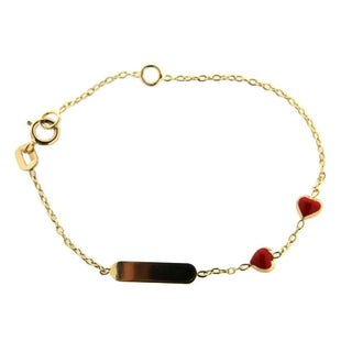 18K Solid Yellow Gold Two Red Enamel Hearts ID bracelet 5.6 inch with extra ring at 4.8 inches , Amalia Jewelry