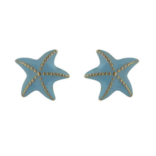 18K Solid Yellow Gold Pastel Blue Enamel Starfish Covered Screwback Earring , Amalia Jewelry