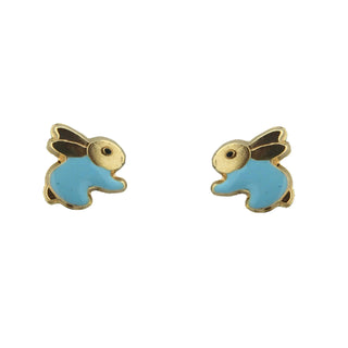 18K Solid Yellow Gold Blue Enamel Rabbit Stud Covered Screwback Earrings , Amalia Jewelry