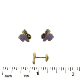 18K Solid Yellow Gold Lavender Enamel Rabbit Covered Screwback Earrings Amalia Jewelry