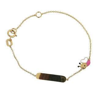 18K Solid Yellow Gold Pink and White Bumble Bee Id Bracelet , Amalia Jewelry