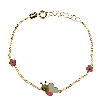18K Solid Yellow Gold Pink and White Heart shape Bumble Bee Bracelet , Amalia Jewelry