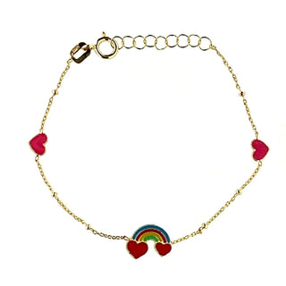 18k Solid Yellow Gold Enamel Rainbow and Hearts bead Bracelet Amalia Jewelry