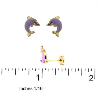 18k Yellow Gold Lavender Enamel Dolphin Earrings with covered screwbacks (9mm) , Amalia Jewelry