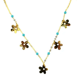 18K Yellow Gold Turquoise paste beads and gold diamond cut flowers 13.50 inches necklace , Amalia Jewelry