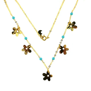 18K Yellow Gold Turquoise paste beads and gold diamond cut flowers 13.50 inches necklace , Amalia Jewelry