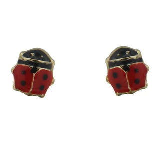 18k Solid Yellow Gold Red Enamel Lady Bug covered screwback Earrings , Amalia Jewelry