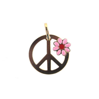 18K Solid yellow gold pink and red enamel flower and peace sign pendant , Amalia Jewelry