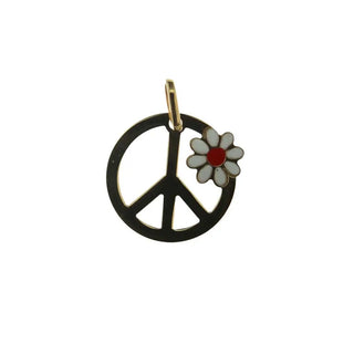 18K Solid Yellow Gold White and Red Enamel Flower Peace Sign Pendant , Amalia Jewelry