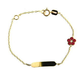 18K Solid Yellow Gold Enamel Pink Flower Id Bracelet 5.50 inches , Amalia Jewelry