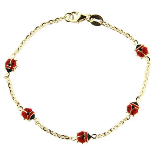 18K Solid Yellow Gold Red Enamel Lady Bug in line Bracelet. Amalia Jewelry