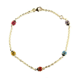 18K Solid Yellow Gold Multi color enamel Lady Bug bracelet 6 inches in line. , Amalia Jewelry