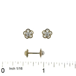 18K Solid Yellow Gold 3 mm Pearl Flower Covered Screwback Earrings , Amalia Jewelry